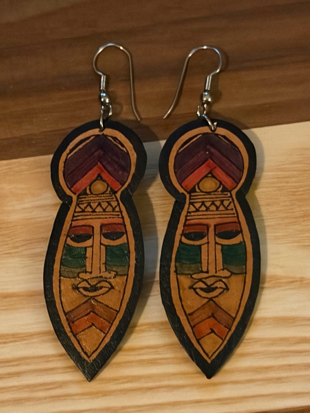 3/$30✨🖤Hand Painted Leather Mask Earrings - Boho Tribal Folk Art - 80s/90s